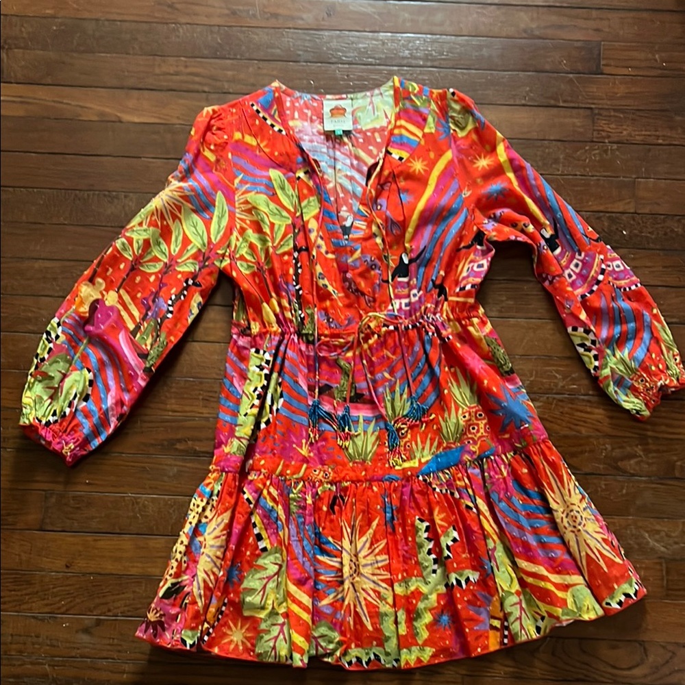 FARM Rio Multicolored Tiered Sundress with Bishop Sleeves